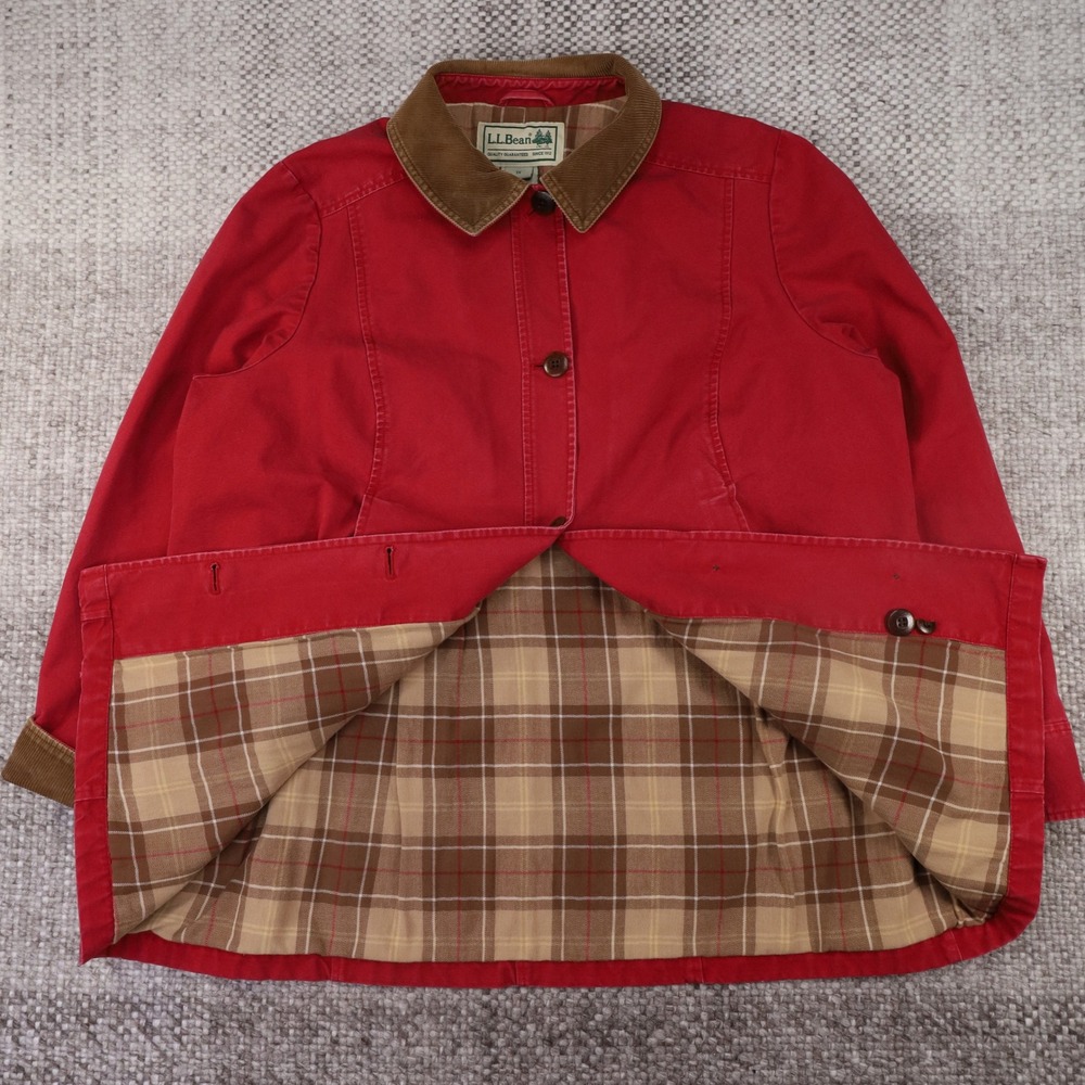 LL Bean Womens 1X Barn Jacket Red Cotton Canvas Plaid Lined Field Coat OHMY3